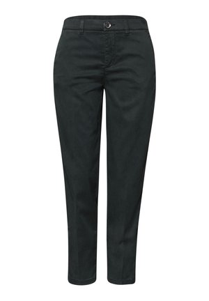 Pantalon noir à jambes droites avec bouton frontal, fermeture éclair, passants de ceinture et poches latérales, présenté sur fond blanc.
