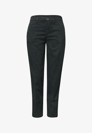 Sorte bukser med lige ben, frontknap, lynlås, bælteholdere og sidelommer, vist på hvid baggrund.