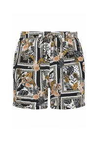 Kraťasy s černobílým vzorem, které kombinují květinové a leopardí motivy, s elastickým pasem a nastavitelnou šňůrkou.