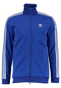 Blauwe sportjack gemaakt van glad polyester, met een rits aan de voorkant, hoge kraag en witte strepen op de mouwen. Klein logo op de borst.