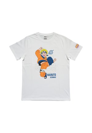 T-shirt bianca con Naruto Uzumaki in un outfit arancione che esegue un calcio alto, con il simbolo di Konoha e il testo "Naruto Uzumaki."