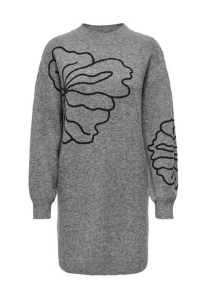 Grijze gebreide trui jurk met zwarte bloemenborduursels, ronde halslijn en lange pofmouwen, met een relaxte pasvorm en een zachte textuur.