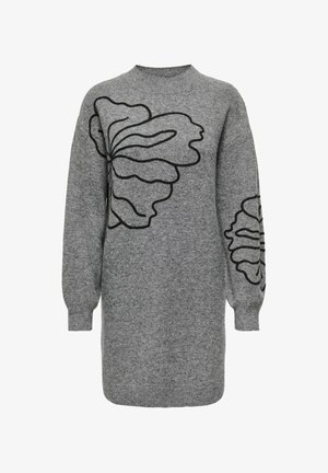 Grijze gebreide trui jurk met zwarte bloemenborduursels, ronde halslijn en lange pofmouwen, met een relaxte pasvorm en een zachte textuur.
