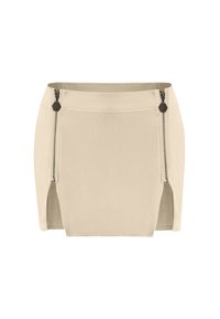 Mini gonna beige con due zip laterali, taglio dritto, caratterizzata da linee pulite e una trama del tessuto liscia, con una leggera lucentezza.