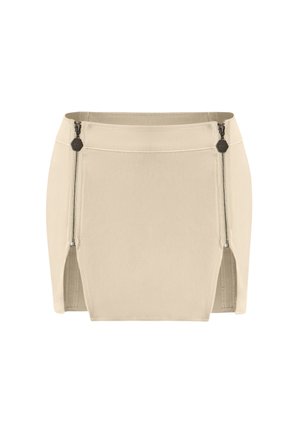 Beige mini kjol med två sidoglittrar, rak skärning, som har rena linjer och en slät tygtextur, med en diskret lyster.