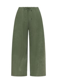 Lniane spodnie o szerokich nogawkach w kolorze oliwkowozielonym, z elastycznym pasem i sznurkiem do wiązania, przeznaczone do noszenia na co dzień.