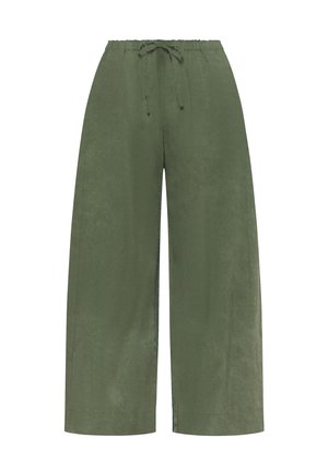 Leveälahkeiset, oliivinvihreät pellavahousut, joissa on joustava vyötärönauha ja kiristysnauha, suunniteltu rentoon käyttöön.