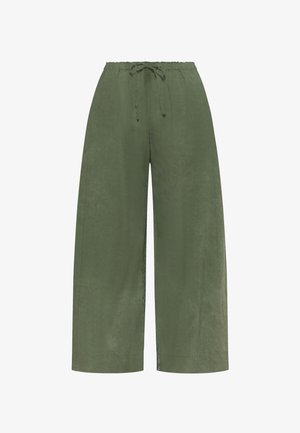 Wijde linnen broek in olijfgroen met elastische tailleband en trekkoord, ontworpen voor casual gebruik.