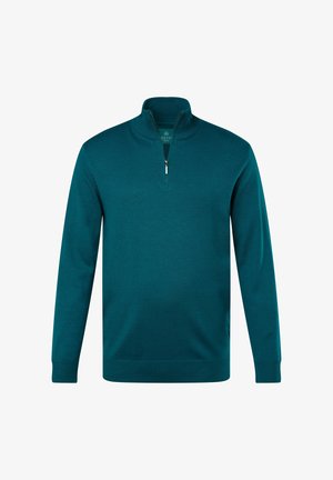 Teal sweter z długim rękawem z zamkiem błyskawicznym na pół, z ribbowymi mankietami i gładką teksturą dzianiny. Posiada kołnierz z półzamkiem, który umożliwia regulację zapięcia.