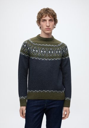 Junger Mann mit lockigem Haar trägt einen dunkelblauen und olivgrün gemusterten Strickpullover und dunkle Jeans, steht vor einem schlichten hellen Hintergrund.