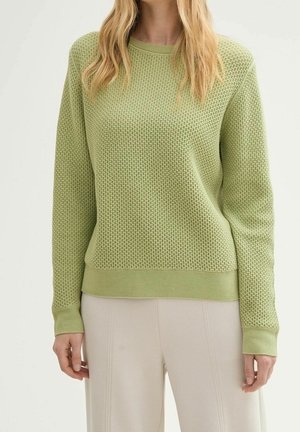 Suéter tejido de color verde claro con textura y mangas largas, combinado con pantalones beige claros, mostrado desde el cuello hasta las caderas.