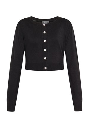 Juodas trumpas kardiganas su ilgomis rankovėmis, turintis apvalią iškirptę ir penkis dekoratyvinius mygtukus priekyje. Pagamintas iš minkštos tekstūruotos medžiagos.
