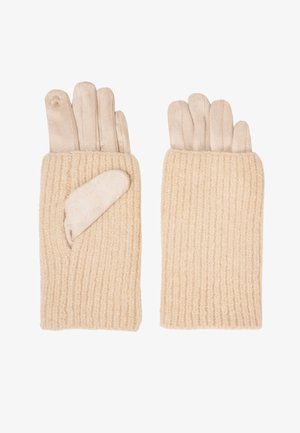 Beige Strickhandschuhe mit umklappbarem Fäustlingsschützer über den Fingern, flach auf weißem Hintergrund präsentiert.