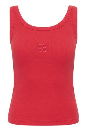 Rød ribbestrikket ermeløs topp med rund hals og lite preget logo midt på brystet.