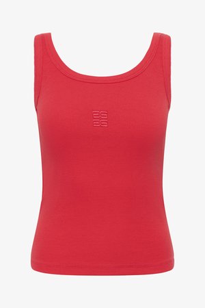 Rød ribbestrikket ermeløs topp med rund hals og lite preget logo midt på brystet.