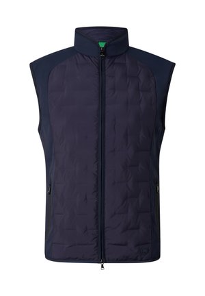 Gilet trapuntato blu navy senza maniche con collo alto, cerniera frontale e tasche laterali con zip.