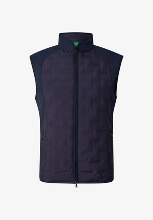 Gilet trapuntato blu navy senza maniche con collo alto, cerniera frontale e tasche laterali con zip.