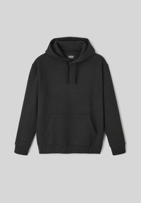 Sweatshirt à capuche noir en mélange de coton. Comprend une poche kangourou à l'avant et des poignets côtelés. Texture lisse, design simple.