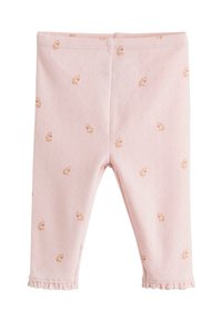 Rosa bomullstights med ett upprepat blommönster, volang nederkant och elastisk midja. Slät textur med en bekväm passform.