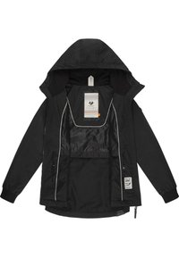 Veste noire avec capuche, en tissu léger, dotée d'une fermeture éclair à l'avant, de plusieurs poches et d'une doublure intérieure texturée avec une étiquette.