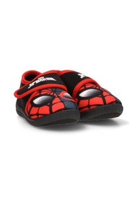 Pantofole per bambini nere e rosse di Spider-Man con design a ragnatela e occhio, dotate di una cinghia in Velcro etichettata "Spider-Man."