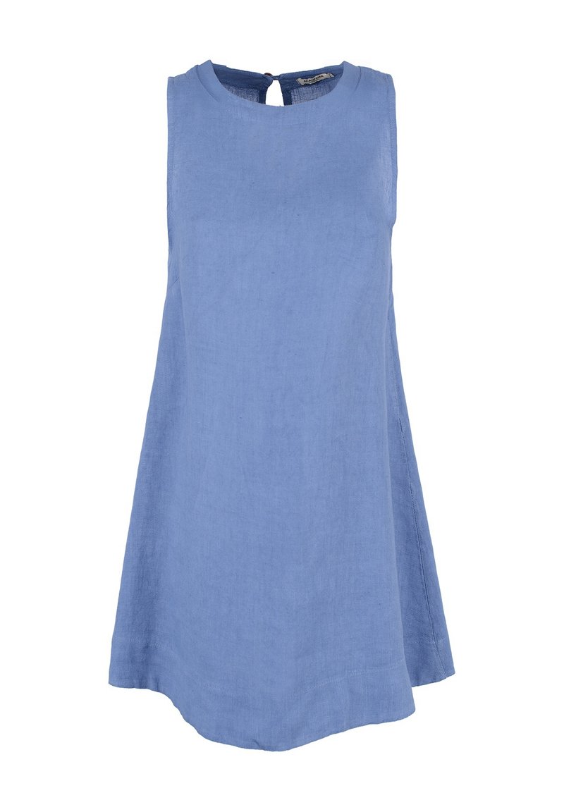 Abito senza maniche azzurro chiaro in lino, con scollatura rotonda, dettaglio a chiave sulla schiena e silhouette a trapezio. Tessuto morbido.