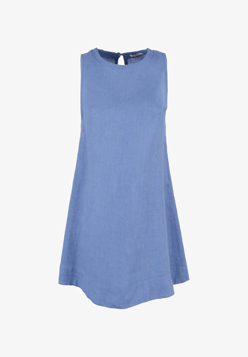 Jasnoniebieska bezrękawnikowa sukienka z lnu, z okrągłym dekoltem, tylnym wycięciem w kształcie klucza i sylwetką w kształcie litery A. Gładka tekstura.