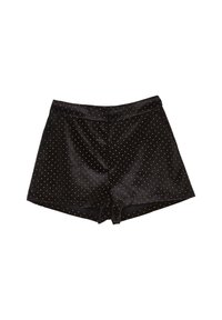 Shorts in velluto nero con vita alta e piccoli pois dorati distribuiti uniformemente su tutto il tessuto.