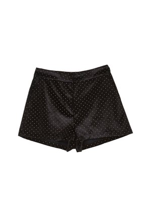 Schwarze Samt-Shorts mit hoher Taille und kleinen goldenen Pünktchen, die gleichmäßig über den Stoff verteilt sind.