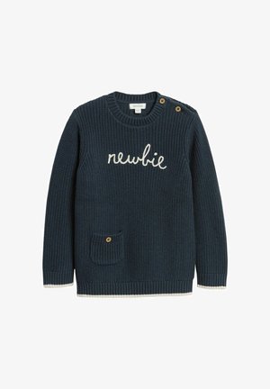 Dunkelblauer Strickpullover mit dem Schriftzug "Newbie" auf der Brust, zwei Knöpfen an der Schulter und einer kleinen, geknöpften Tasche vorne.