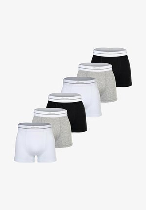Sechs Herren-Boxershorts in abwechselnden Weiß-, Grau- und Schwarztönen, mit weißen Taillenbändern, die dünne graue Streifen und ein Logo aufweisen.