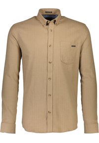 Beige lange mouwen shirt met een button-down kraag, een patch zak op de linkerborst en een gestructureerde stof. Het heeft bruine knopen en een rechte zoom.