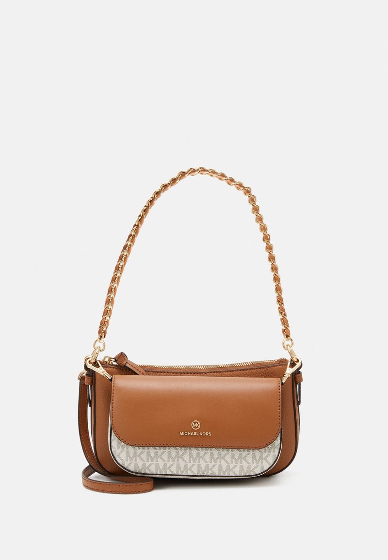 Brown leather handbag with a woven chain strap, featuring a logo pattern on the front pocket and a zip closure. Gold hardware accents.
