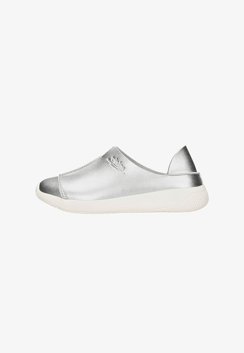 Silver slip-on sneaker with white sole, closed toe, and pull tab at heel, featuring subtle brand logo on the side.