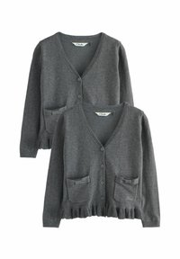 Cardigan grigio lavorato a maglia con scollatura a V, bottoni frontali, due tasche a toppa, orlo arricciato e polsini a coste. Tessuto morbido con un design informale.