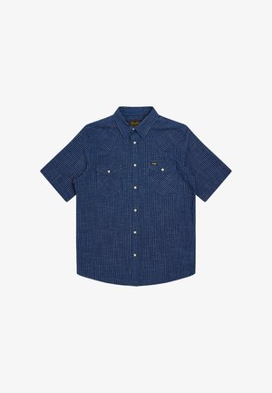 Camicia blu a maniche corte con bottoni, motivo a griglia bianca e due tasche sul petto con chiusura a bottone.