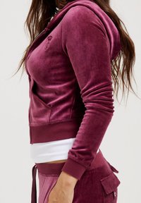 Velvet zip-up hoodie in deep burgundy with ribbed cuffs, front pockets, and a small embroidered logo on the chest. White undershirt visible.