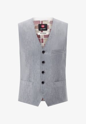 Graue, strukturierte Weste mit V-Ausschnitt, ausgestattet mit fünf schwarzen Knöpfen, einer einzelnen Brusttasche und einem mehrfarbigen, gemusterten Futter.
