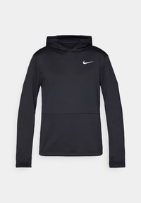 Black hooded sweatshirt made of textured fabric. Features a front pouch pocket and a small white Nike logo on the left chest.
