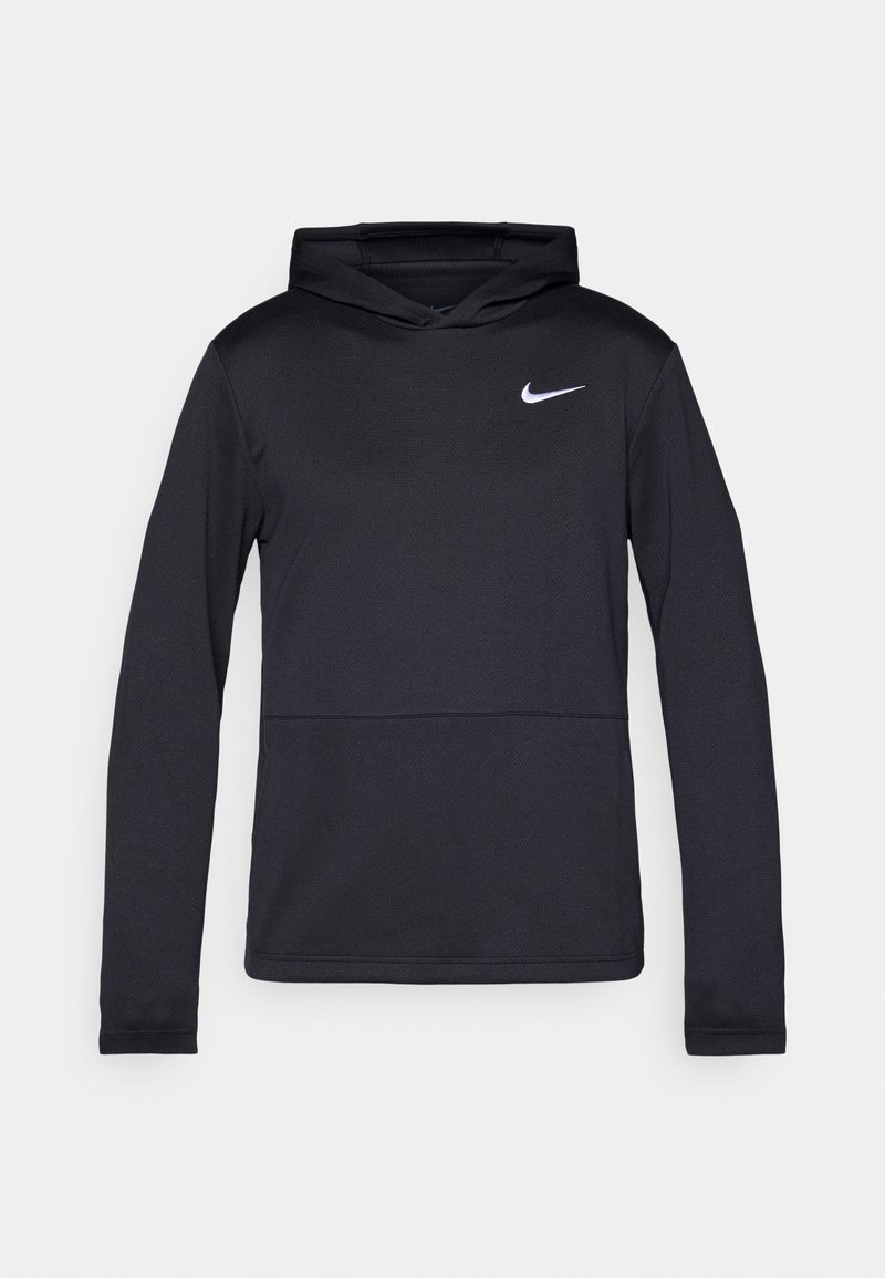 Black hooded sweatshirt made of textured fabric. Features a front pouch pocket and a small white Nike logo on the left chest.