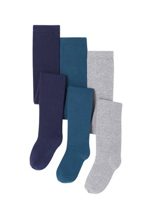 Five pairs of socks in navy, teal, and gray colors; solid texture, ribbed tops, and round toe design.