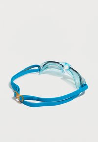 Sinised ujumismaski prillid läbipaistvate läätsedega, pehme silikoonrihmaga ja kuldse pandlaga kindlaks reguleerimiseks.
