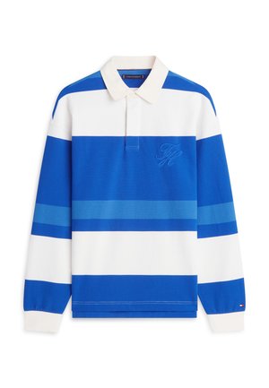 Rugbyshirt met lange mouwen, brede horizontale blauwe en witte strepen, witte kraag en geborduurde initialen op de borst.