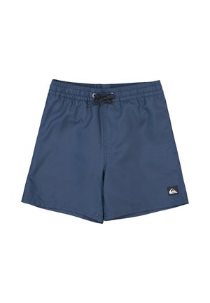 Marineblaue Shorts mit elastischem Bund, schwarzem Kordelzug und kleinem Markenlogo am unteren linken Bein.