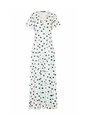 Robe maxi blanche à pois noirs, manches courtes, et corsage style porte-feuille à encolure en V.