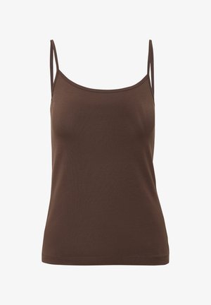 Bruine, strakke camisole top van glad materiaal, met dunne bandjes en een ronde halslijn, en een naadloze zoom voor een nette afwerking.