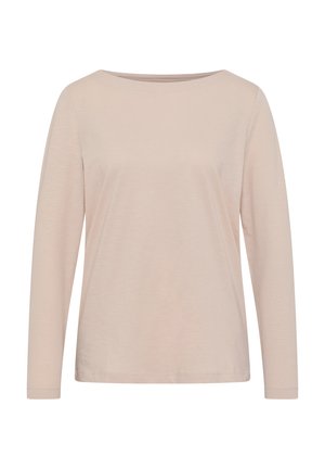 Chemise à manches longues rose clair avec un col rond, fabriquée dans un tissu doux. Présente un design simple et une coupe légèrement décontractée.