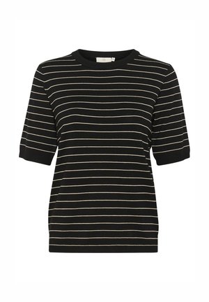 Schwarzes kurzärmeliges Shirt mit goldenen horizontalen Streifen, gerippter Struktur und rundem Ausschnitt. Schlichtes Design ohne zusätzliche Akzente.