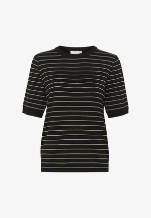 Camicia a maniche corte a righe nere con strisce orizzontali dorate, trama a coste e scollo tondo. Design semplice senza accenti aggiuntivi.