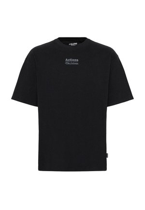 Black cotton t-shirt featuring short sleeves, a crew neckline, and printed text "Actions Decisions" in grey on the chest.